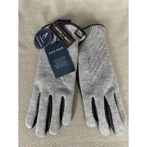 Cole Haan Women's Rib-Knit Leather-Palm Gloves Touch Screen Black/Gray Med NWT's